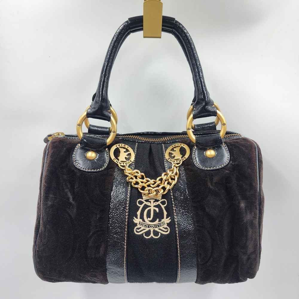 Y2K Juicy Couture Velour Satchel Bag Brown Gold Chain Bowler Barrel Handbag Dog
